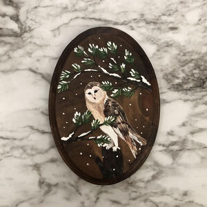 Hand Painted Winter Barn Owl Wooden Plaque